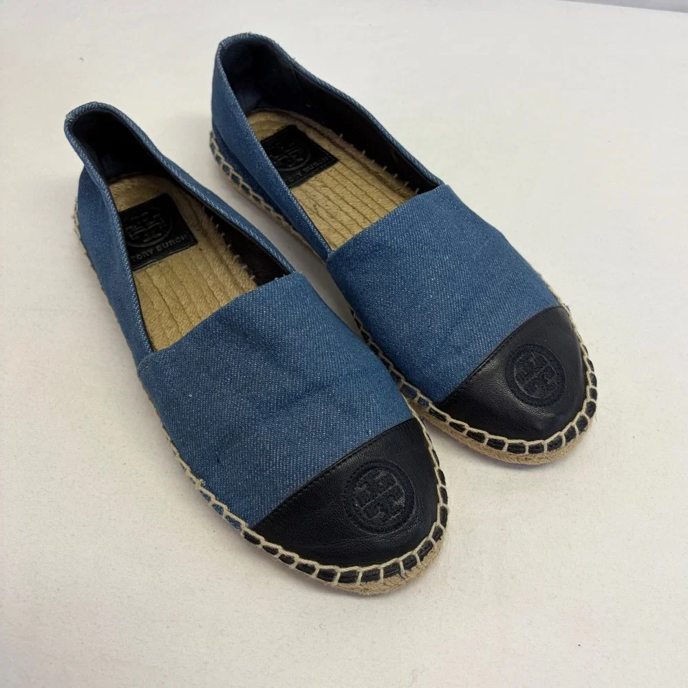 Tory Burch Espadrille Flats Womens 7.5 Blue Denim Leather Cap Toe Nautical 46767
